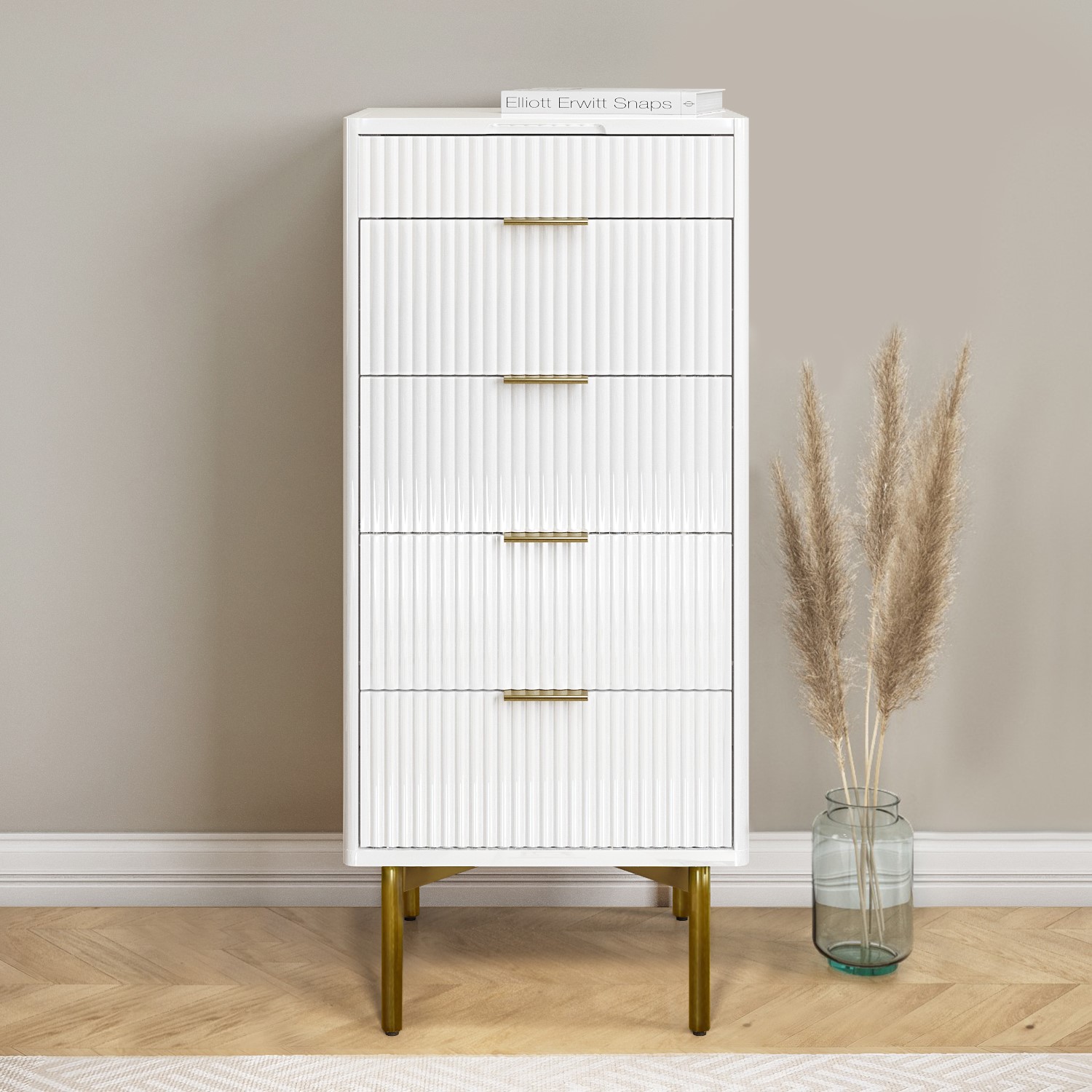 Read more about Tall narrow white high gloss chest of 5 drawers with mirror valencia